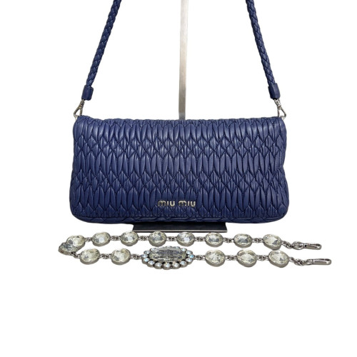 Miu Miu Strass Gaufre Matelasse Crystal Flap Clutch Crumpled Lambskin Dark Blue