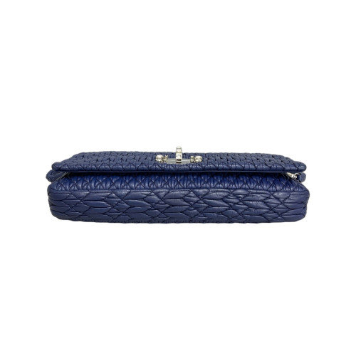 Miu Miu Strass Gaufre Matelasse Crystal Flap Clutch Crumpled Lambskin Dark Blue