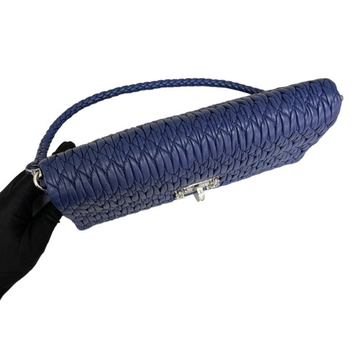Miu Miu Strass Gaufre Matelasse Crystal Flap Clutch Crumpled Lambskin Dark Blue