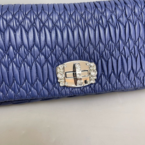 Miu Miu Strass Gaufre Matelasse Crystal Flap Clutch Crumpled Lambskin Dark Blue