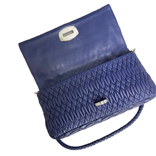 Miu Miu Strass Gaufre Matelasse Crystal Flap Clutch Crumpled Lambskin Dark Blue