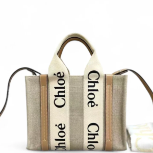 Chloe Small Woody Ribbon Tote Canvas Natural Tan Beige Chloe Small Woody Ribbon Tote Canvas Natural Tan Beige