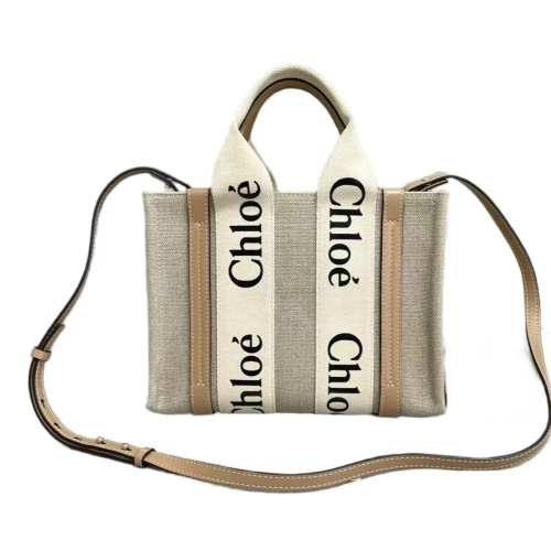 Chloe Small Woody Ribbon Tote Canvas Natural Tan Beige Chloe Small Woody Ribbon Tote Canvas Natural Tan Beige