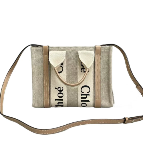 Chloe Small Woody Ribbon Tote Canvas Natural Tan Beige Chloe Small Woody Ribbon Tote Canvas Natural Tan Beige