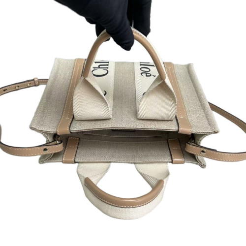 Chloe Small Woody Ribbon Tote Canvas Natural Tan Beige Chloe Small Woody Ribbon Tote Canvas Natural Tan Beige