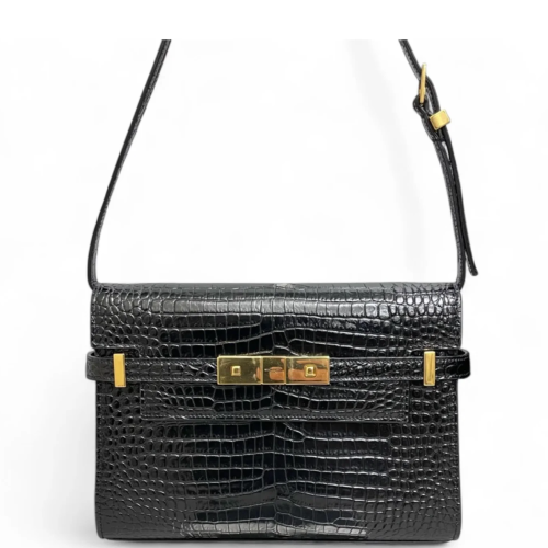 Yves Saint Laurent Small Manhattan Shoulder Bag Calfskin Crocodile Embossed Black