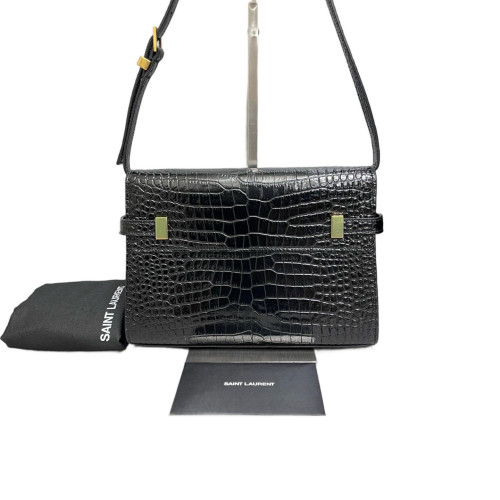 Yves Saint Laurent Small Manhattan Shoulder Bag Calfskin Crocodile Embossed Black