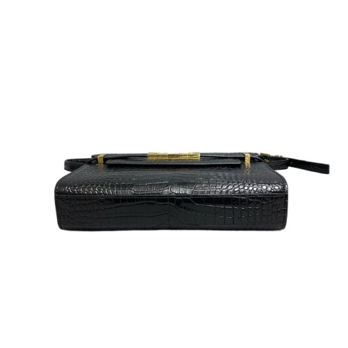 Yves Saint Laurent Small Manhattan Shoulder Bag Calfskin Crocodile Embossed Black