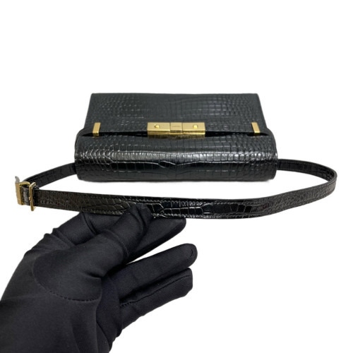 Yves Saint Laurent Small Manhattan Shoulder Bag Calfskin Crocodile Embossed Black