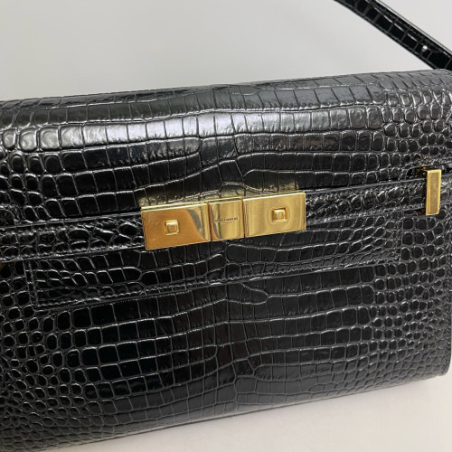 Yves Saint Laurent Small Manhattan Shoulder Bag Calfskin Crocodile Embossed Black