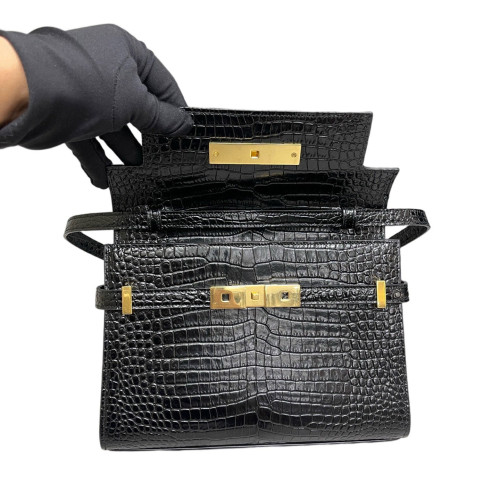Yves Saint Laurent Small Manhattan Shoulder Bag Calfskin Crocodile Embossed Black