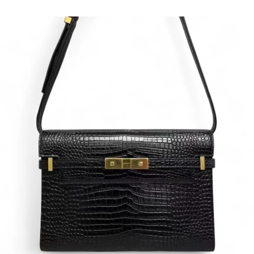 Yves Saint Laurent Medium Manhattan Shoulder Bag Calfskin Crocodile Embossed Black Yves Saint Laurent Medium Manhattan Shoulder Bag Calfskin Crocodile Embossed Black