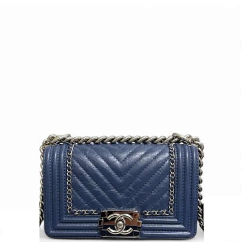 Chanel Quilted Small Boy Flap Pull Up Leather Blue