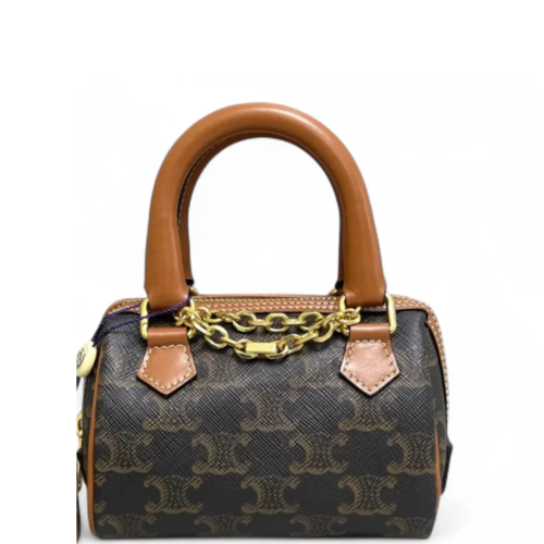 Celine Mini Boston Bag Calfskin Triomphe Tan Dark Brown