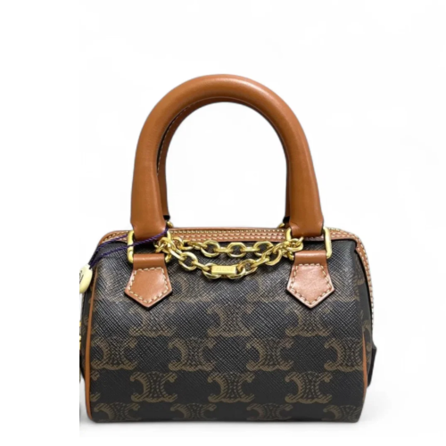 Celine Mini Boston Bag Calfskin Triomphe Tan Dark Brown