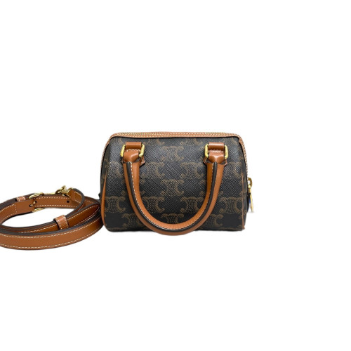 Celine Mini Boston Bag Calfskin Triomphe Tan Dark Brown