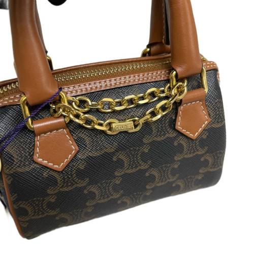 Celine Mini Boston Bag Calfskin Triomphe Tan Dark Brown