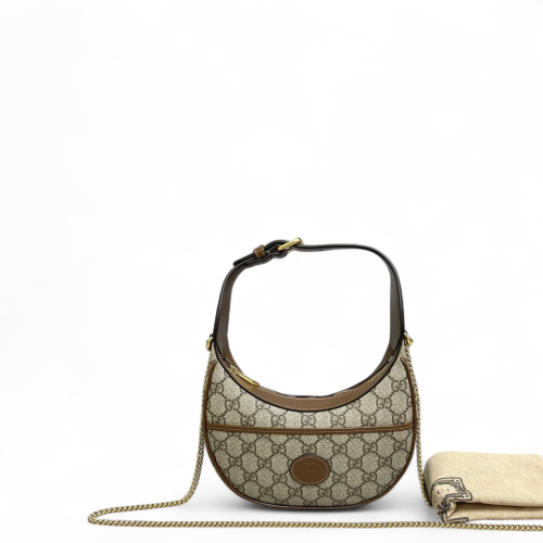 Gucci Mini Ophidia Half Moon Hobo GG Supreme Monogram Tan