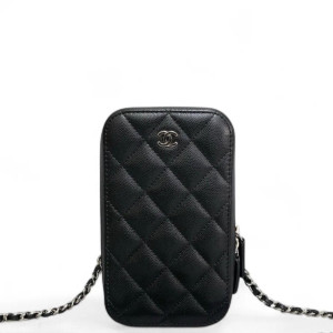 Chanel Quilted Phone Holder Grained Calfskin Black Chanel Quilted Phone Holder Grained Calfskin Black