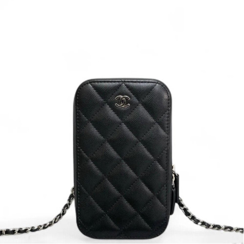 Chanel Quilted Phone Holder Grained Calfskin Black Chanel Quilted Phone Holder Grained Calfskin Black
