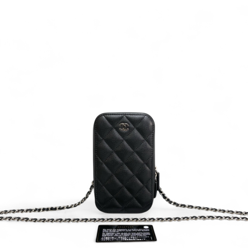 Chanel Quilted Phone Holder Grained Calfskin Black Chanel Quilted Phone Holder Grained Calfskin Black