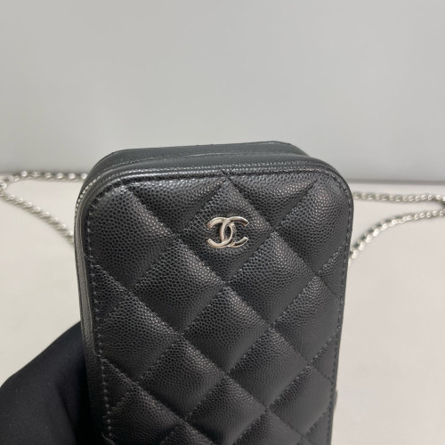 Chanel Quilted Phone Holder Grained Calfskin Black Chanel Quilted Phone Holder Grained Calfskin Black