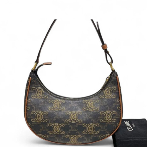Celine Embroidered Medium Ava Shoulder Bag Triomphe Calfskin Brown Tan Dark Brown