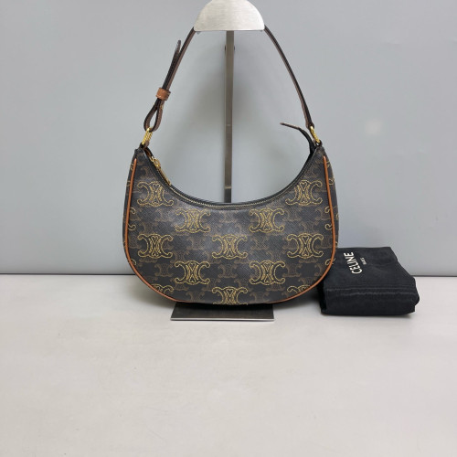Celine Embroidered Medium Ava Shoulder Bag Triomphe Calfskin Brown Tan Dark Brown