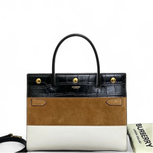 Burberry Small Title Tote Calfskin Crocodile Embossed Suede Lizard Embossed Calfskin Black Brown White