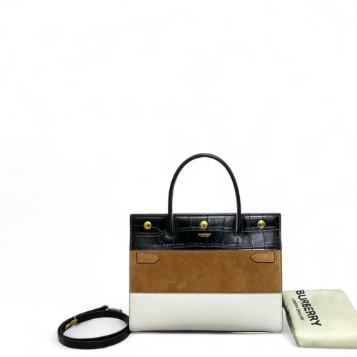 Burberry Small Title Tote Calfskin Crocodile Embossed Suede Lizard Embossed Calfskin Black Brown White