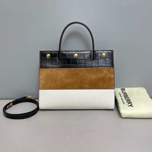 Burberry Small Title Tote Calfskin Crocodile Embossed Suede Lizard Embossed Calfskin Black Brown White