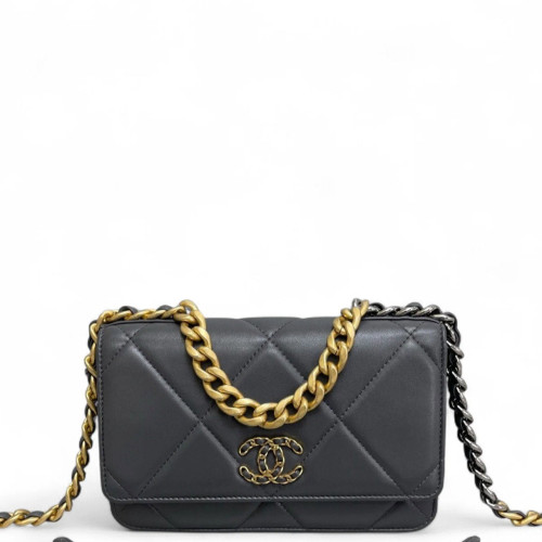 Chanel Quilted 19 Wallet On Chain WOC Lambskin Grey
