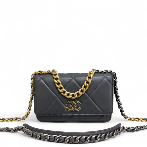 Chanel Quilted 19 Wallet On Chain WOC Lambskin Grey