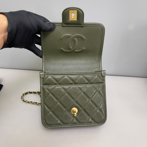 Chanel Quilted Mini School Menory Top Handle Flap Backpack Caviar Dark Green