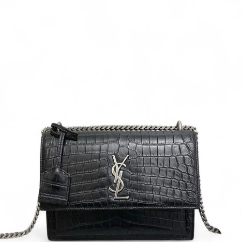 Yves Saint Laurent Medium Sunset Calfskin Crocodile Embossed Black