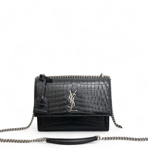 Yves Saint Laurent Medium Sunset Calfskin Crocodile Embossed Black