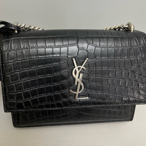 Yves Saint Laurent Medium Sunset Calfskin Crocodile Embossed Black