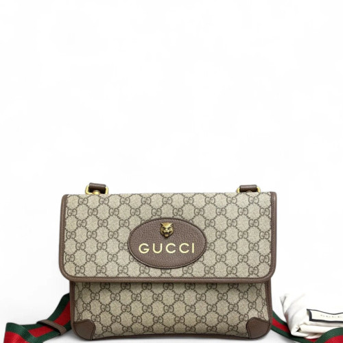 Gucci Medium Neo Vintage Double Flap Messenger Bag GG Supreme Monogram Beige Brown Green