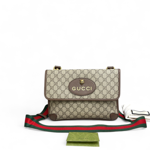 Gucci Medium Neo Vintage Double Flap Messenger Bag GG Supreme Monogram Beige Brown Green