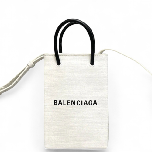 Balenciaga Logo Shopping Phone Holder Calfskin White Black