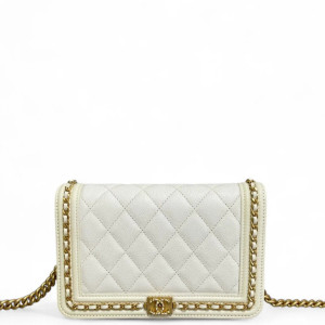 Chanel Quilted Boy Wallet On Chain WOC Grained Calfskin White