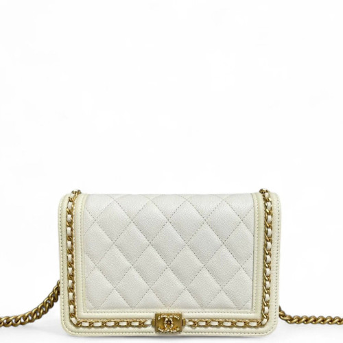 Chanel Quilted Boy Wallet On Chain WOC Grained Calfskin White