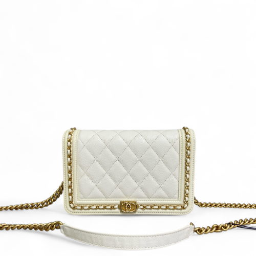 Chanel Quilted Boy Wallet On Chain WOC Grained Calfskin White