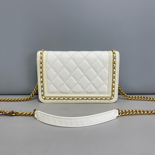 Chanel Quilted Boy Wallet On Chain WOC Grained Calfskin White