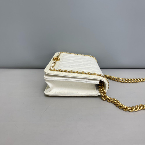 Chanel Quilted Boy Wallet On Chain WOC Grained Calfskin White