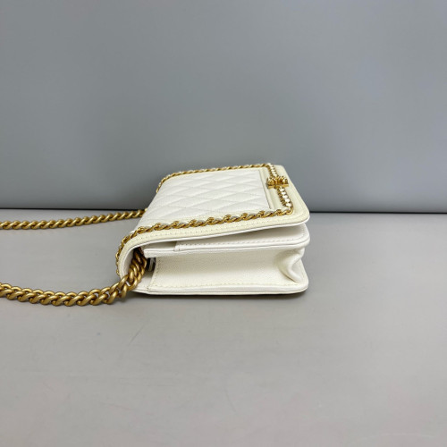 Chanel Quilted Boy Wallet On Chain WOC Grained Calfskin White
