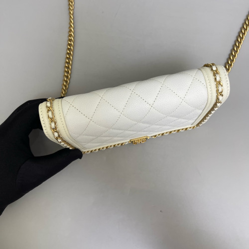 Chanel Quilted Boy Wallet On Chain WOC Grained Calfskin White