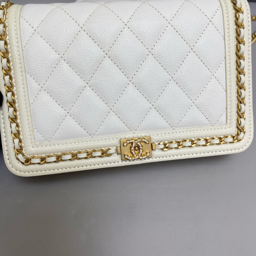 Chanel Quilted Boy Wallet On Chain WOC Grained Calfskin White