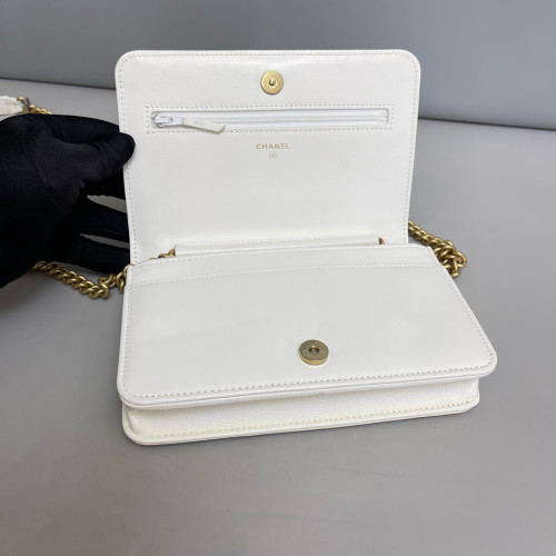Chanel Quilted Boy Wallet On Chain WOC Grained Calfskin White