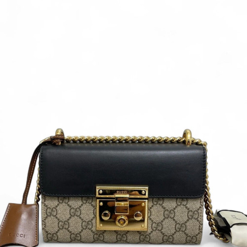 Gucci Small Padlock Shoulder Bag GG Supreme Monogram Black Brown